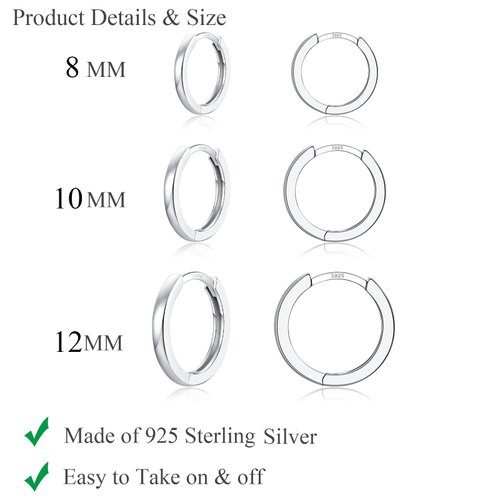3 Pairs 925 Sterling Silver Hoop Earrings 14K White Gold Plated Small Huggie Cartilage Hoop Earrings for Women Men Girls (8 10 12MM)