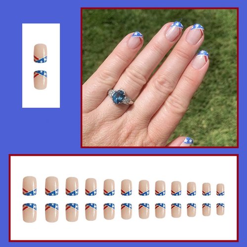 24Pcs 4th of July Press on Nails Short Square Fake Nails American Flag Stars Full Cover Nail Tips Design Patriotic Glue on Nails French Tip False Nails for Women Independence Day Manicure Decorations