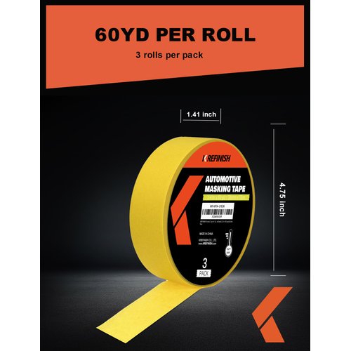 KREFINISH Professional Auto Body Painters Tape, Yellow, 1.41in x 60 yards/3 Rolls, Heat Resistant, No Residue, UV & Moisture Resistant, Ideal for Auto Body Painting, Cars, Trucks, Motorcycles