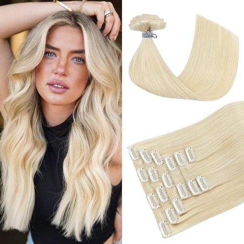 HUAYI Platinum Blonde Hair Extensions, Human Hair Clip in Extensions 70g 20Inch 7pcs Blonde 100% Real Human Hair Clip ins for Women #60