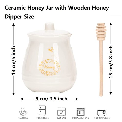 Kosmeey Ceramic Honey Jar with Wooden Honey Dipper-Honey Pot with Dipper- Honey Jar with Stand, Great Bee Decor- Farmhouse Kitchen Decor (Honey Jar-White)
