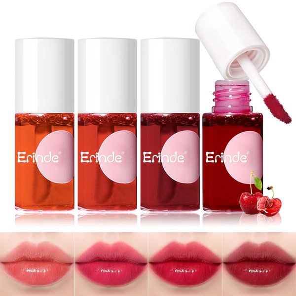 Erinde 4 Colors Water Lip Tint Stain, Mini Liquid Lipstick, Long Lasting Waterproof Lip & Cheek Stain, Non-Stick Cup Korean Lip Gloss, Lightweight, Transfer-Proof, Matte Finish Travel Size Lip Makeup