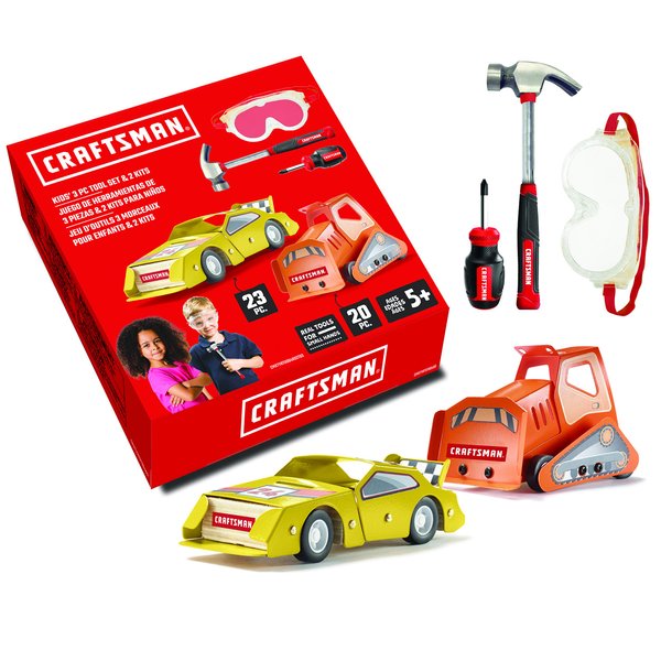 CRAFTSMAN Bundle 4 OK013-CM Sprint Racer Kit, OK017-CM Bulldozer Kit, PH Mini Screwdriver, Hammer, Safety Goggles
