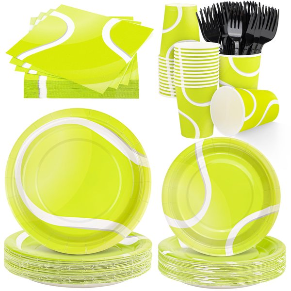 durony 144 Pieces Tennis Paper Plates and Napkins Dinnerware Set Tennis Birthday Party Tableware Supplies Includes Paper Plates Napkins Forks Serve 24 for Sports Tennis Party Supplies
