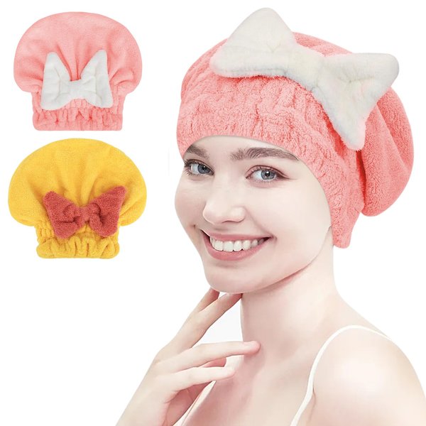 PetsHome Hair Drying Cap 2 Pack Microfiber Hair Drying Towels, Super Absorbent Head Wrap with Bowknot Shower Cap for Girls and Women-Pink+Yellow