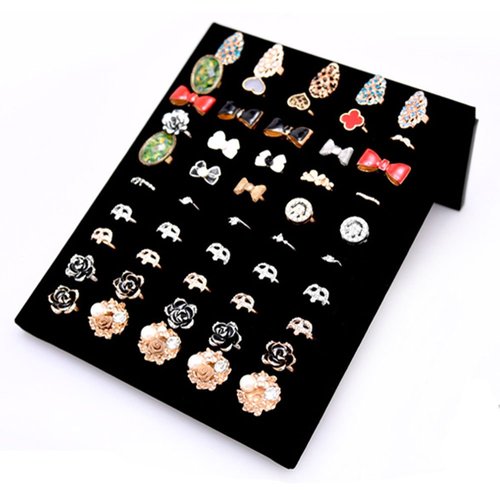 Homeanda Black Velvet L-Shaped 50 Slots Ring Earring Jewelry Display Tray Organizer Holder (L-Shaped 50 Slots-Black)