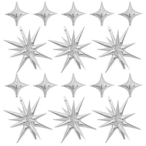 Silver Star Balloons,Explosion Star Balloons Kit with 6Pcs 22Inch Cone Star Foil Balloons and 10Pcs 10Inch Four Pointed Star Balloons for Birthday Anniversary Disco Party Decorations