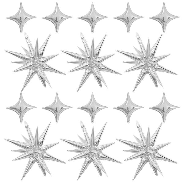 Silver Star Balloons,Explosion Star Balloons Kit with 6Pcs 22Inch Cone Star Foil Balloons and 10Pcs 10Inch Four Pointed Star Balloons for Birthday Anniversary Disco Party Decorations