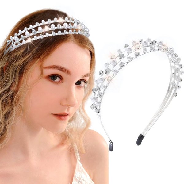 Firuilo Layered Rhinestones Headband Pearl Wedding Hairbands Silver Crystal Head Bands Sparkle Bridal Hair Accessories for Women