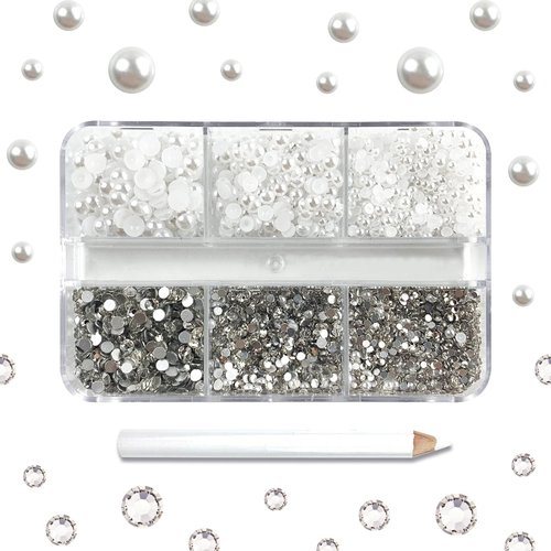 4300 Nail Rhinestones - Rhinestones & Pearls, Multi Size Shiny Rhinestone Pearls for Nail Art (White Pearls+White Rhinestones)