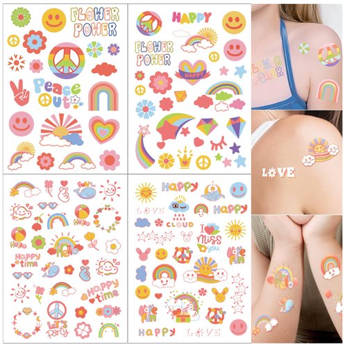 Cartoon Temporary Tattoos for Kids, 120 Pcs Glitter Styles | Flower Power Birthday Party Supplies, Smiley, Rainbow Arts and Crafts Tattoos Stickers for Girls Boys 559