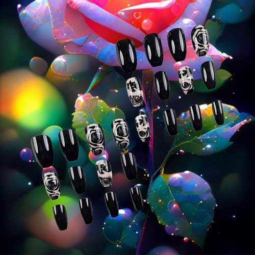Rose Flower Press on Nails for DIY Manicure 24Pcs Glossy Black Rose Acrylic Medium Coffin False Nails Gel Glue on Nails Black Flower Fake Nails Stick on Nails for Women Girls Rose Flower Design