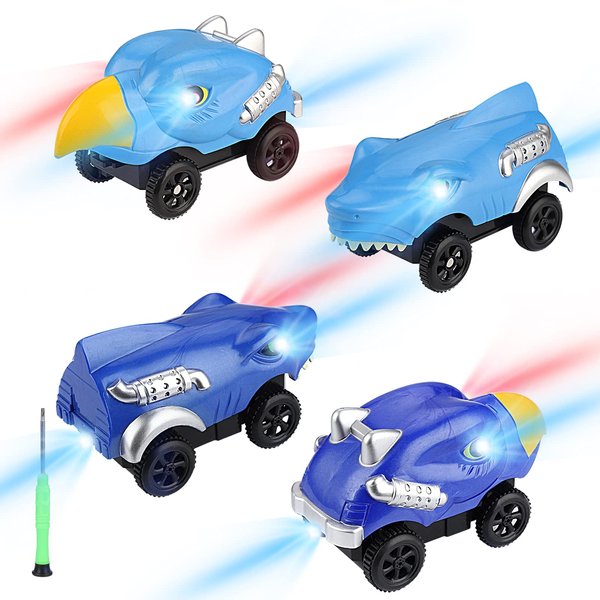 Tracks Cars Replacement only, Toy Cars for most Tracks Glow in the Dark, Racing Car Track Accessories with 3 Flashing LED Lights, Compatible with Magic Car Tracks for Kids Boys and Girls(4pack)