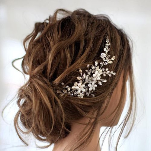 GENBREE Pearl Bride Wedding Hair Comb Silver Crystal Flower Hair Piece Bridal Hair Accessories for Women and Girls