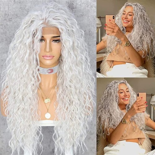 SAPPHIREWIGS Curly Synthetic Lace Front Wigs Long Deep Wave Wig Glueless Pre Plucked Hairline White Gray 60# Kanekalon Wig Cosplay Party Daily Makeup Halloween Use 26inch