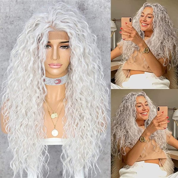 SAPPHIREWIGS Curly Synthetic Lace Front Wigs Long Deep Wave Wig Glueless Pre Plucked Hairline White Gray 60# Kanekalon Wig Cosplay Party Daily Makeup Halloween Use 26inch