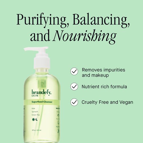 Brandefy Superfood Gentle, PH Balanced Gel Face Wash with Kale, Green Tea, Spinach, Vitamin C, E, K2, Antioxidants - Brightening, Vegan Face Wash for All Skin Types, 8 fl. oz.