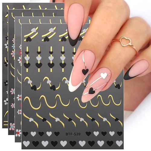 JMEOWIO 9 Sheets Heart Line Flower Nail Art Stickers Decals Self-Adhesive Pegatinas Uñas Colorful Nail Supplies Nail Art Design Decoration Accessories