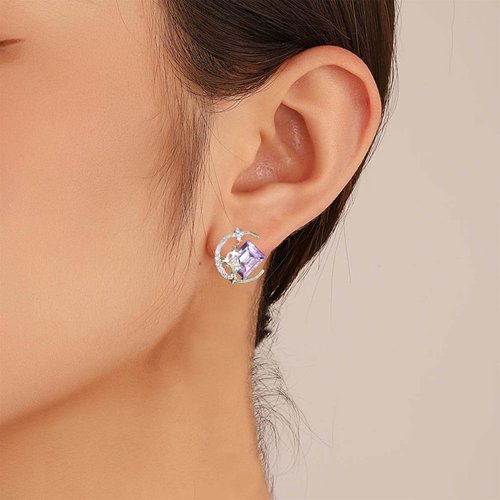 Sttiafay Vintage Purple Crystal Moon Earrings Amethyst Square Stud Earrings Rhinestone Crescent Earrings Gold Cz Star Stud Earrings Jewelry for Women and Girls