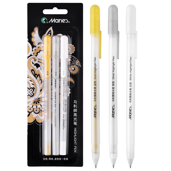 RVOGJP 3 Colors Gel Pen Set - White, Gold and Silver Gel Ink Pens for Black Paper Drawing, Sketching, Illustration, Card Making, Bullet Journaling, Pack of 3