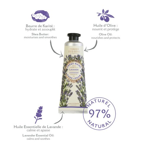 Panier des Sens - Hand Cream for Dry Cracked Hands and Skin – Lavender Mini Hand Lotion, Moisturizer, Mask - With Shea Butter and Olive Oil - Hand Care Made in France 97% Natural Ingredients – 1 floz