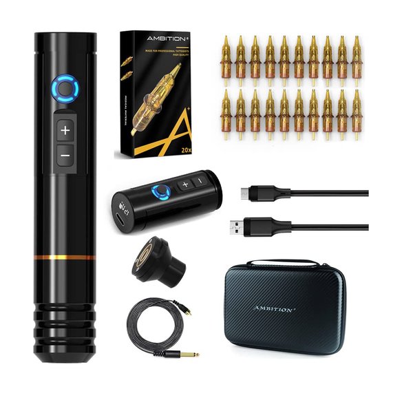 Ambition Complete Tattoo Kit - Wireless Tattoo Machine with 2pcs Power Supply Coreless Motor 20pcs Tattoo Cartridge Needles Rotary Tattoo Cartridge Pen with 1500mAh Power Supply Digital LCD Display