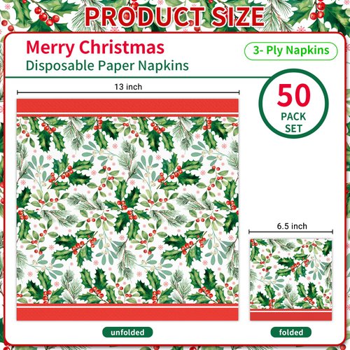 Christmas Party Supplies, Paper Napkins Disposable Luncheon Napkins Party Napkins for Merry Christmas Holly Jolly Christmas Holly Mistletoe Winter Holiday Party Decorations, 3 PLY, 50 Count