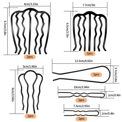 QOOSIKICC 12 Pcs Hair Side Combs, Hair Fork Clips, Hair Pins Combs, French Twist Updo Hair Accessories Combs, U-Shape Teeth Hair Styling Combs Tool for Vintage Hairstyle Women Girls Bun - Black