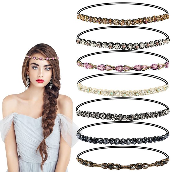 Befirys 7 Pcs Rhinestone Beaded Headbands, Fashionable Crystal Beaded Elastic hairbands for Women Girls Hair Jewelry Accessories