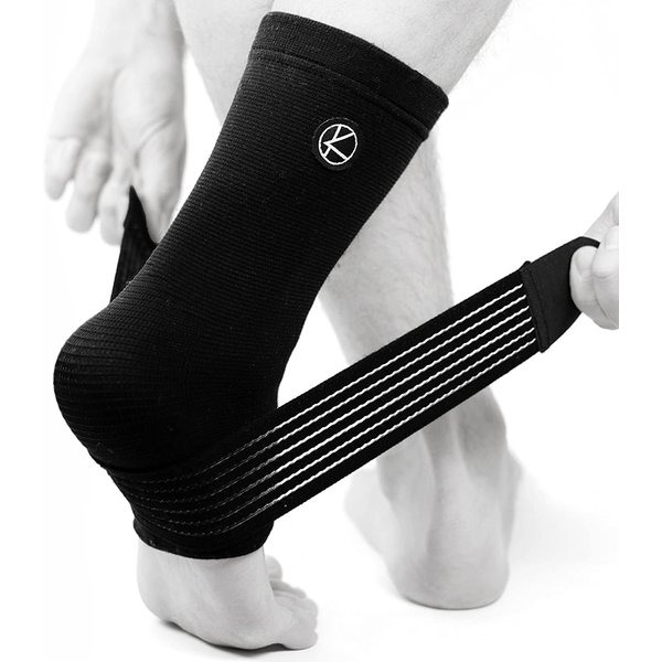 KARM Ankle Compression Sleeve with Compression Support Strap. Achilles Tendon Support Wrap. Achilles Tendonitis Brace for Women and Men (One Size, Black)