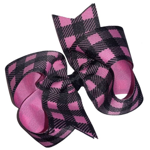 Buffalo Check Print Pixie Pink & Black Boutique Hair Bow 4" with Tails