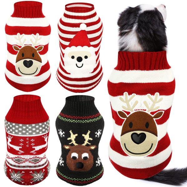 4 Pieces Dog Sweaters Christmas Halloween Dog Holiday Sweaters Puppy Snow Elk Reindeer Snowman Skull Elf Bats Pumpkins Turkey Heart Warm Cosplay Clothes for Small to Medium Dog(Medium,Cute Pattern)