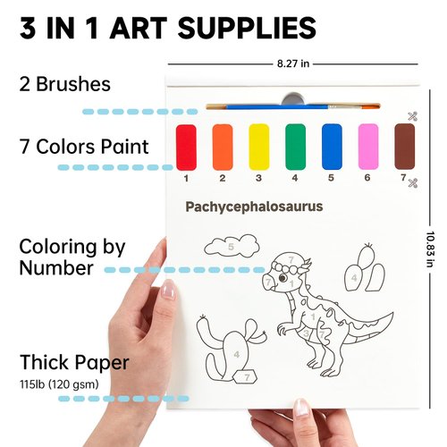 Shuttle Art Paint with Water Coloring Book for Kids, 25 Dinosaur Themed Pages with 2 Brushes, Mess-Free Watercolor Paint Set, Travel-Friendly Art Craft Gift for Toddlers, Birthday Christmas Gift