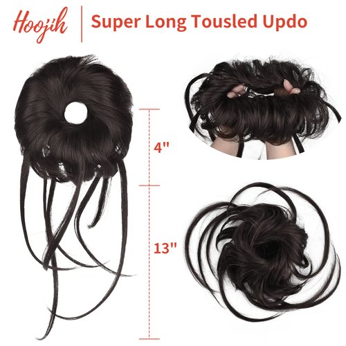 HOOJIH Messy Bun Hair Piece, Super Long Tousled Updo Hair Bun Extensions Wavy Hair Wrap Ponytail Hairpieces Hair Scrunchies with Elastic Hair Band for Women Girls - Black Brown