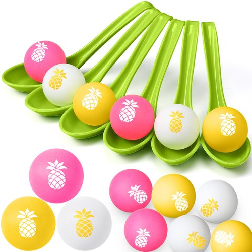VercanMonth 12 Pack Hawaiian Game Spoon Relay Race Toy Set, Tropical Summer Luau Birthday Party Themed Ball and Spoon Race Game for Aloha Party Supplies Favors (Green,Pineapple)
