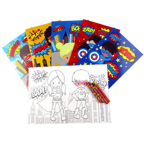Tiny Mills Superhero Coloring Books for Kids with 12 Coloring Books and 48 Crayons Party Favors, Superhero Prizes, Favor Bag Filler, Superhero Party Supplies