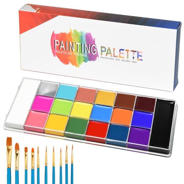 JACHOYI Face Body Paint Kit Professional 20 Colors Face Painting Kit Cosplay Makeup Palette Halloween Clown Makeup Kit Body Paint Arts Party Fancy Make Up with 10 Pink Face Paint Brushes