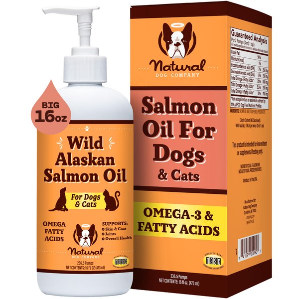 Natural Dog Company Pure Wild Alaskan Salmon Oil for Dogs & Cats (16oz) Skin & Coat Supplement for Dogs, Essential Fatty Acids, Fish Oil Pump for Dogs, Omega 3 Fish Oil for Dogs, Fish Oil for Cats