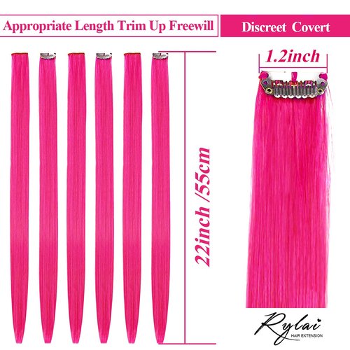 RYLAI Hot Pink Hair Extensions Clip in Halloween - Hair Accessories for Kids Girls Fairy Hairpieces Long Straight Color Hair Extensions 22" 10pcs