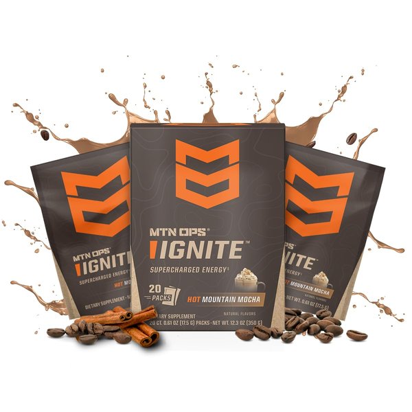 MTN OPS Hot Ignite Supercharged Energy Drink Mix Focus Enhancer, Mountain Mocha - Trail Packs