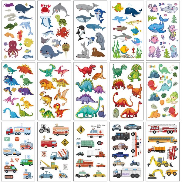 Apeso 30 Sheets Temporary Tattoos Kit for Kids, 300Pcs Fake Cute Tattoo Stickers Waterproof, Birthday Party Favor Christmas Stocking Stuffers (Dinosaur ＆ Sea Animal ＆ Vehicle)