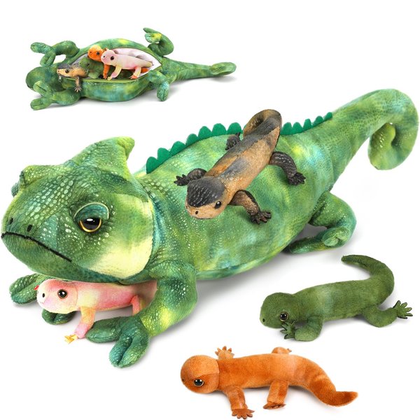 Karister Giant Lizard Plush, 27" Mother Iguana Stuffed Animal with 4 Baby Lizard Plushies, Bearded Dragon Plush Toy for Kids Boys Girls, Stuffed Chameleon for Christmas Birthday Gift
