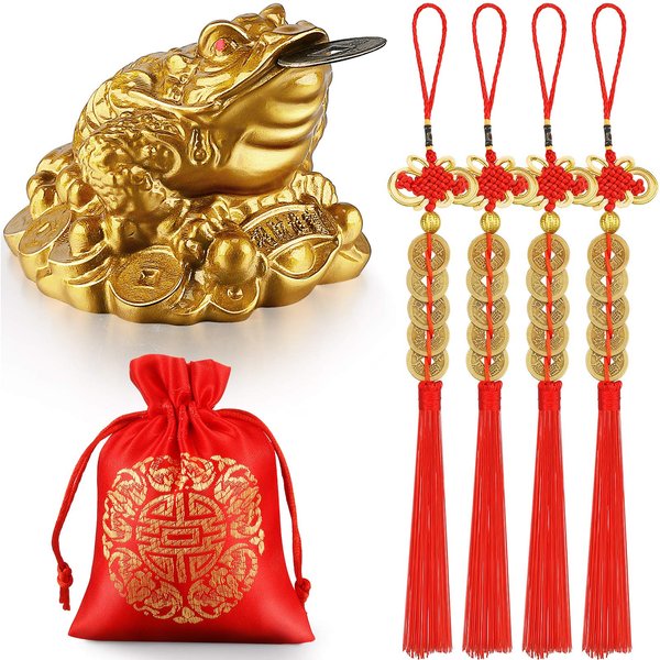 Chuangdi Feng Shui Money Frog with Chinese Coins Lucky Knots Red Blessing Bag Gold Three Legged Toad Decoration for Attracting Wealth Success Chinese New Year Gifts