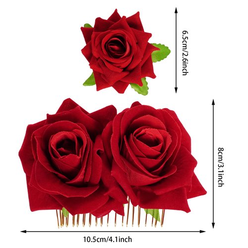 Topbuti Rose Flower Hair Clip Fabric Rose Hairpin Rose Brooch Floral Clips, 3 Pcs Mexican Hair Flowers Pin up Headpieces Flamenco Dancer Hair Accessories for Women Girls Wedding Mother's Day (Red)