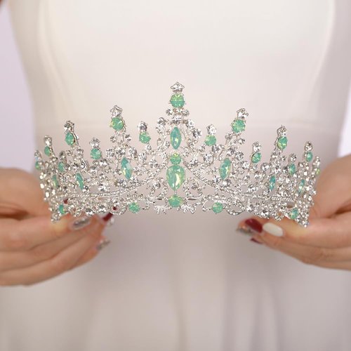 JWICOS Baroque Tiara and Crown for Women Vintage Wedding Headband Tiara Hair Accessories for Bride Birthday Prom Party (Green Silver)
