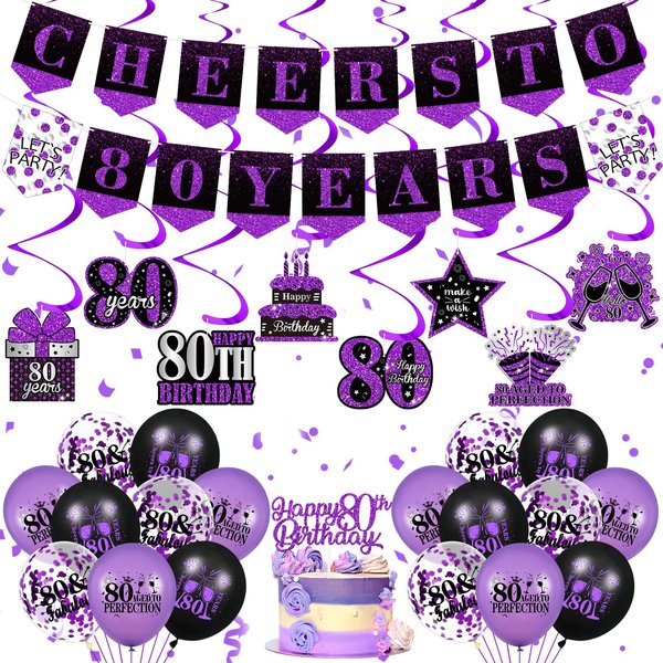 Purple 80th Birthday Decorations for Women Men Purple Black 80th Birthday Banner Hanging Swirls 80th Birthday Balloons Happy 80th Birthday Cake Topper for Purple Cheer to 80 Years Party Supplies