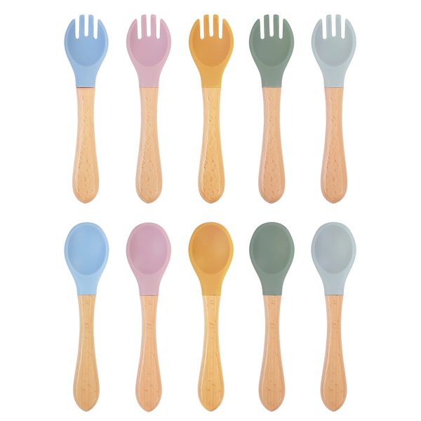 10 Pieces Bamboo Baby Spoons & Baby Forks Set, Chewable Baby Utensils for Self-Feeding, Bamboo and Silicone Baby Utensils, Kids Utensils for Over 6 Months Babies