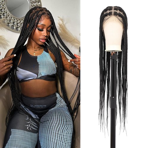 Fecihor 360° HD Full Lace Knotless Braided Wigs for Women Box Braid Wig with Baby Hair Human Hair Blended Natural Looking Black Braided Lace Front Wigs 36 Inch