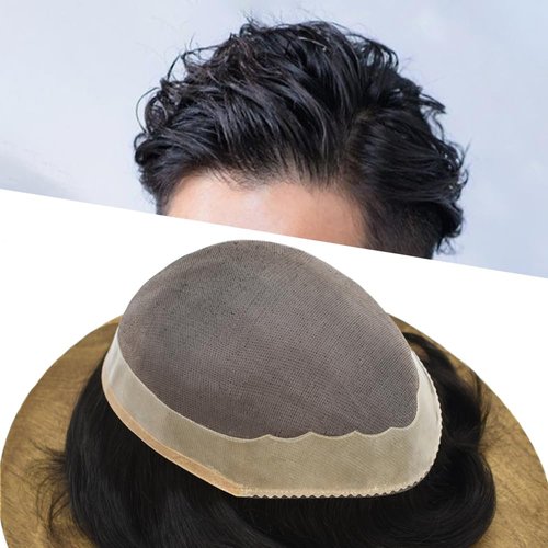 Curve Hair Toupee for Men Fine Mono Mens Toupee Human Hair Replacement System Poly Skin NPU Hair Piece Unit for Men Monofilament Wigs (7''X10'', 1B Off Black,110% Light to Medium Density)