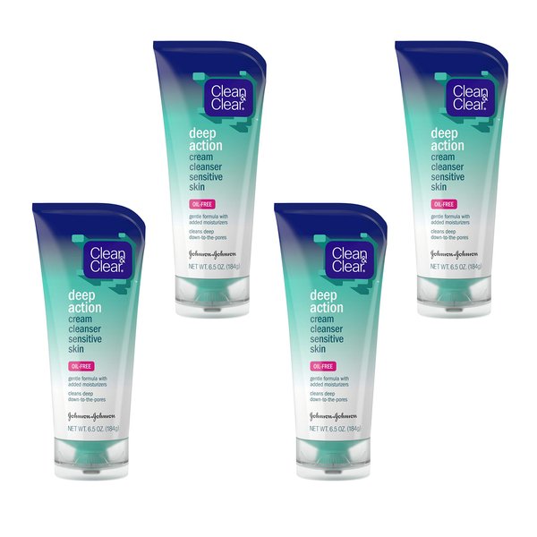 Clean & Clear Deep Action Cream Facial Cleanser for Sensitive Skin, Gentle Daily Face Wash with Oil-Free, 6.5 oz (Pack of 4)